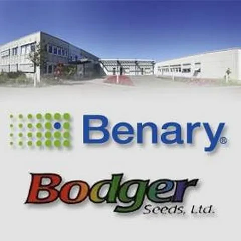 Logo Benary und Logo Bodger Seeds auf grauem Grund, im Hintergrund ein Gebäude